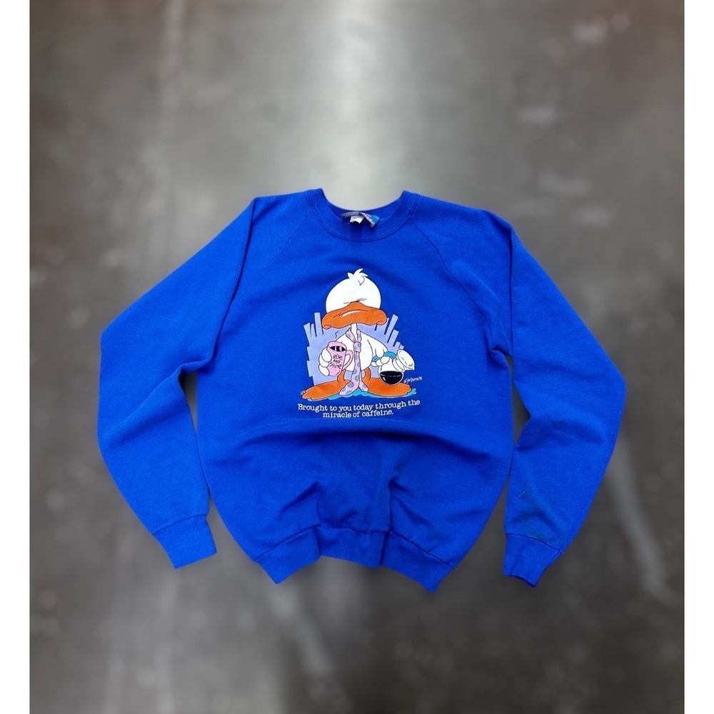 Vintage 1998 Duck Coffee Graphic Sweatshirt Miracle Of Caffeine Blue USA L
